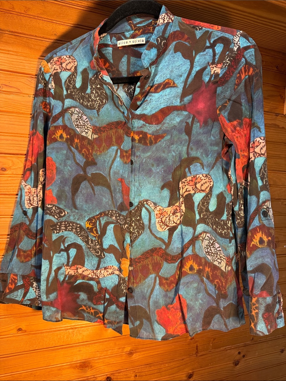 alice + olivia Eloise Blue Abstract Print Button-Up chiffon Blouse